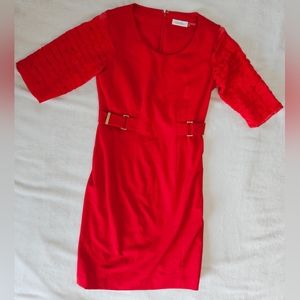 Calvin Klein womens size 4 red pencil midi dress with belt & 3/4 ruffle sleeves